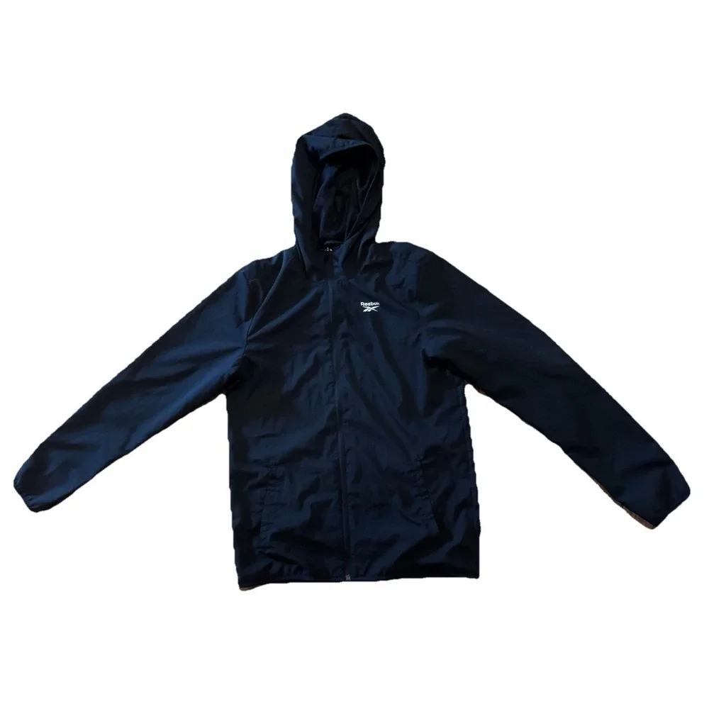 Reebok Men's Black Windbreaker Jacket Hooded Full Zip‎ Mesh Lined Small *read*